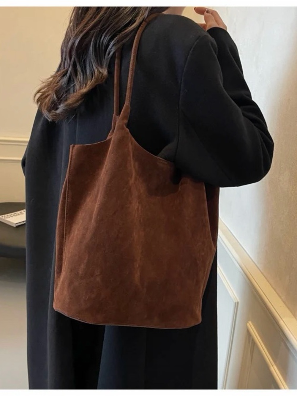 Slim faux Suede Shoulder Tote Bag - Brown